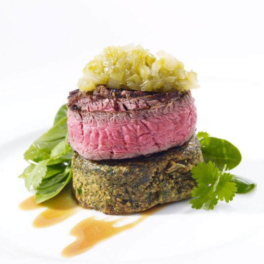 Grilled denver leg with coriander falafel green pepper relish and lemon tahini sauce Brad Farmerie 1b